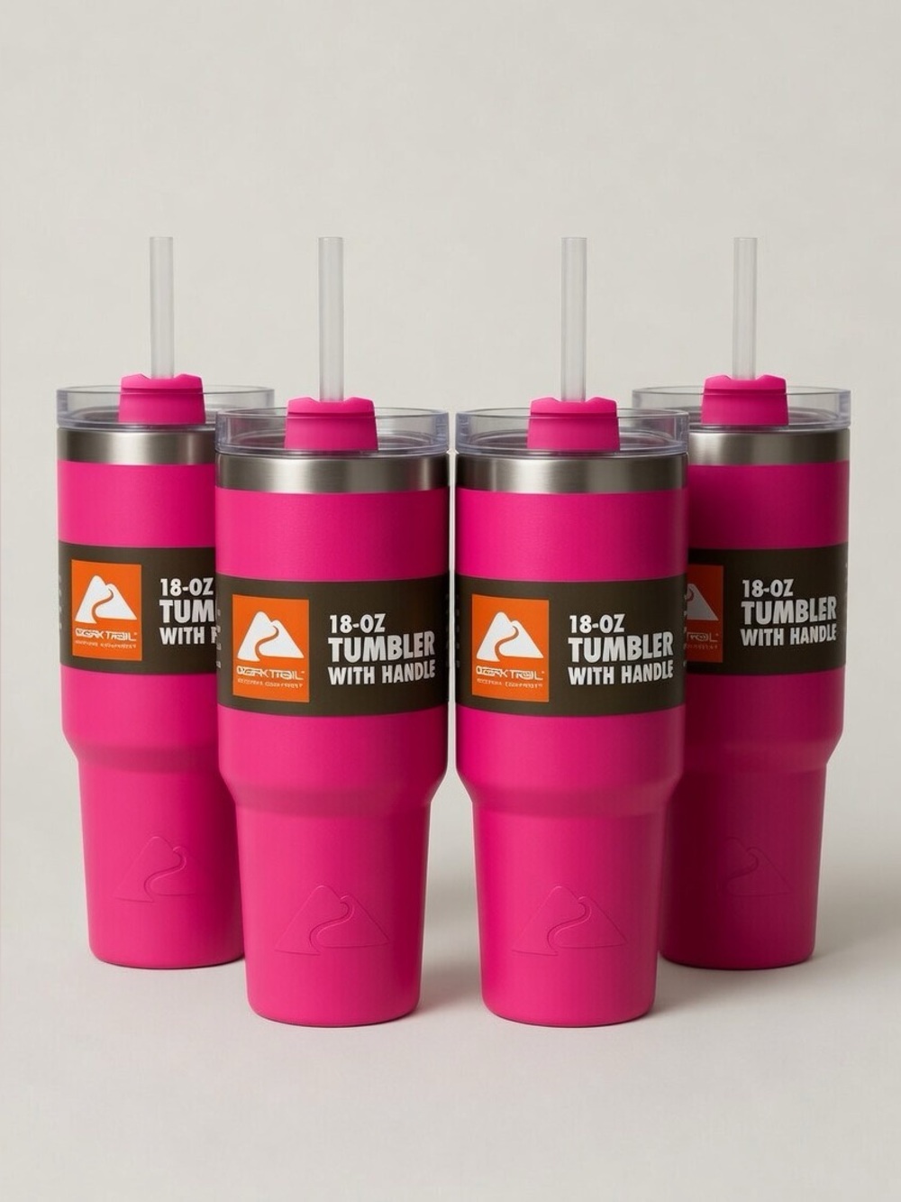 Set of 4 Ozark Trail Bright Pink 18oz Tumblers with Straw and Handle
